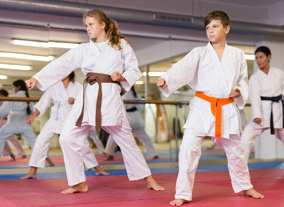 a martial arts class with children in white uniforms, one in a brown belt and one in an orange belt