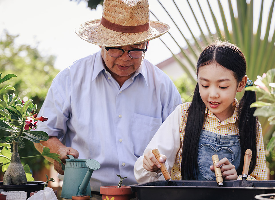 grandfather helping his granddaughter learn how to garden