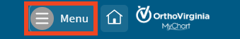 MyChart blue menu bar with red box around menu button