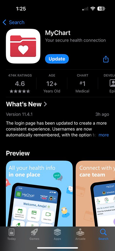 finding the MyChart app in the Apple App Store