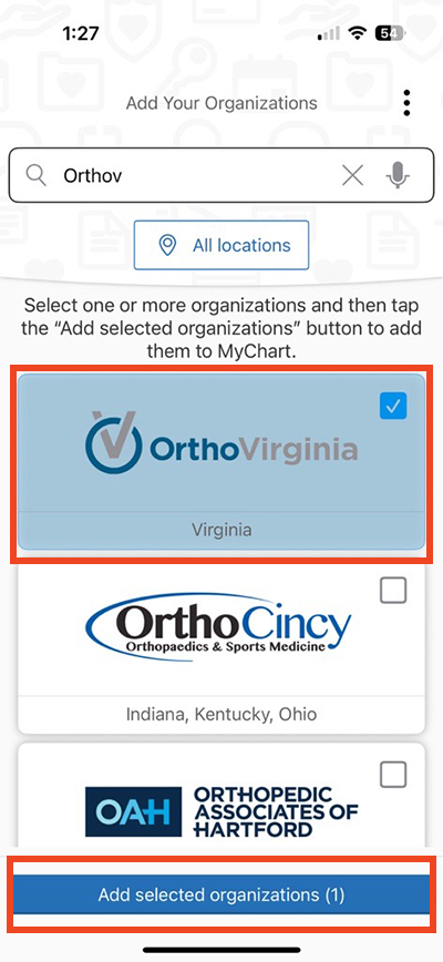 Finding OrthoVirginia in the list of organizations in the MyChart app