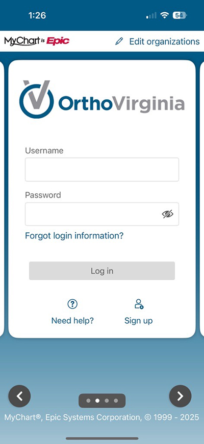 login screen for OrthoVirginia on the MyChart app