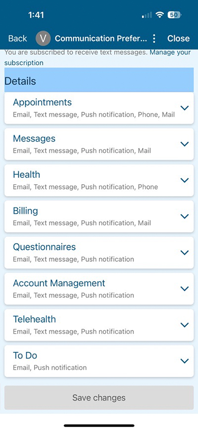 screenshot of MyChart mobile app, showing different types of notifications that can be chosen in more detail