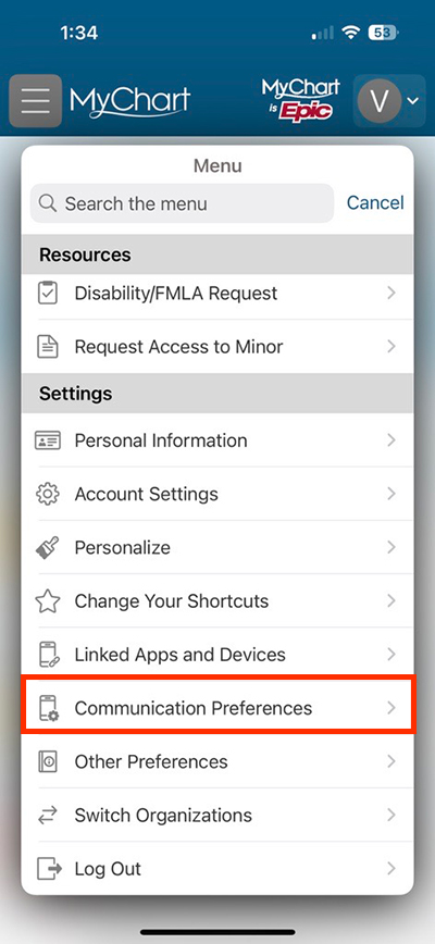 screenshot of MyChart mobile app, selecting Communication Preferences from the menu