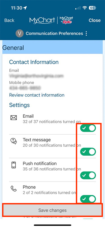 screenshot of MyChart mobile app showing the general communication preference toggles
