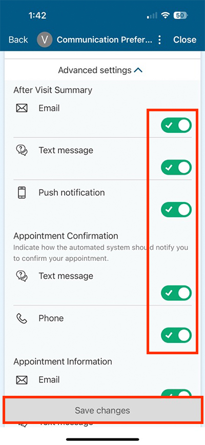 screenshot of MyChart communication preferences showing very detailed options with toggles
