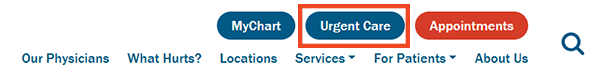 screenshot of website menu with a red box around the urgent care button