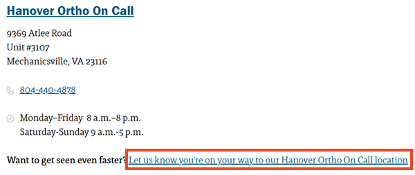 screenshot of website page, with a red box around the link "let us know you're on your way to our Hanover Ortho On Call location"