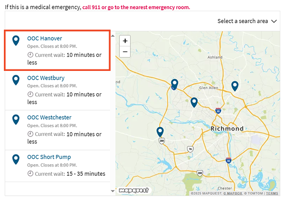 screenshot of website showing a map with location pins and several locations next to it, with a red box around one location