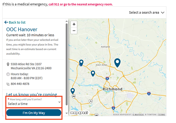 screenshot of a map with a selected location next to it, with red boxes around the field to choose a length of time before arrival and the submission button