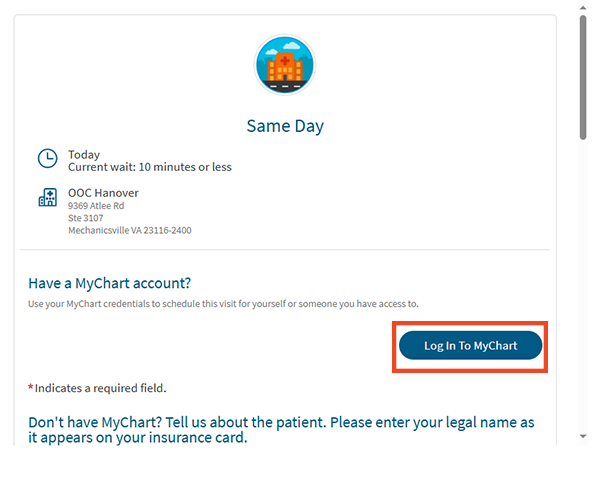 screenshot of process of getting in line for urgent care on a computer, highlighting the log into MyChart step