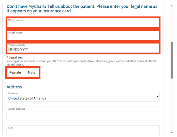 screenshot of fields to fill out to get in line early for urgent care