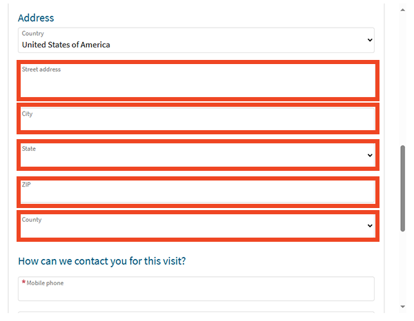screenshot of fields to fill out to get in line early for urgent care
