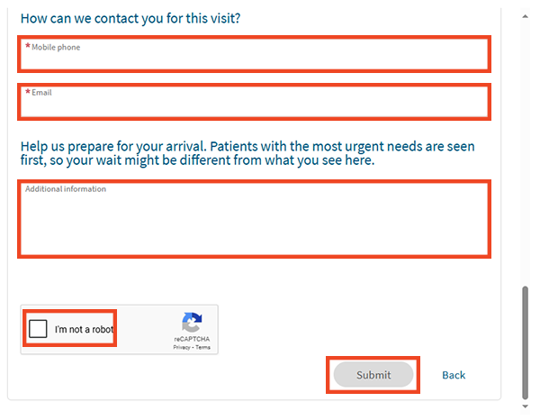 screenshot of fields to fill out to get in line early for urgent care