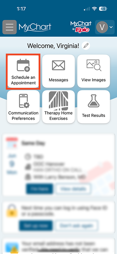 screenshot of step of online scheduling in mobile app selecting schedule an appointment