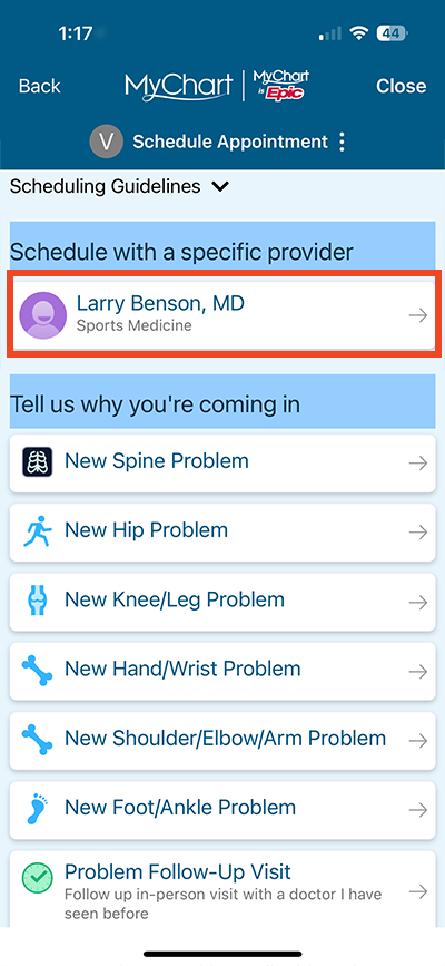 screenshot of step of online scheduling in mobile app selecting provider