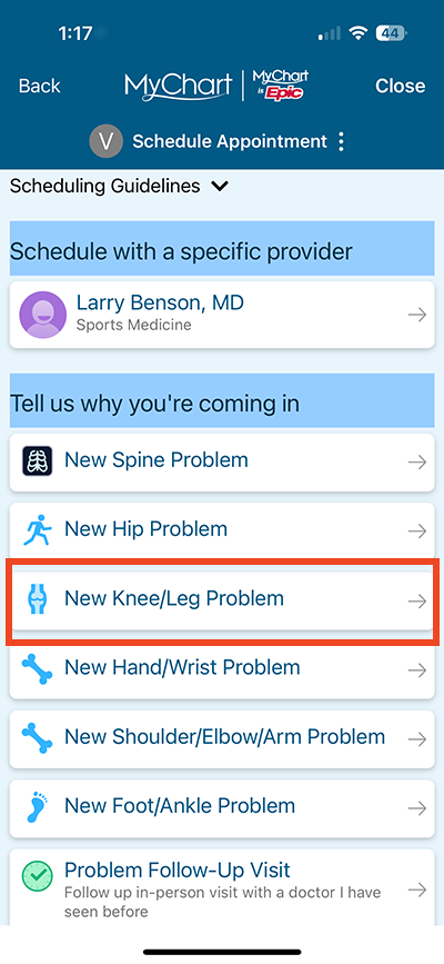 screenshot of step of online scheduling in mobile app selecting body part