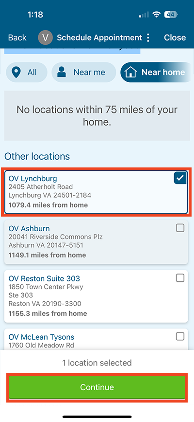 screenshot of step of online scheduling in mobile app selecting location