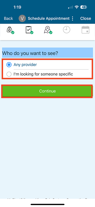 screenshot of step of online scheduling in mobile app