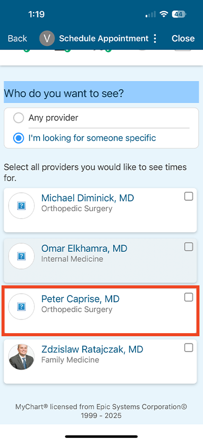 screenshot of step of online scheduling in mobile app selecting provider