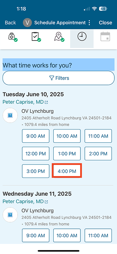 screenshot of step of online scheduling in mobile app selecting time