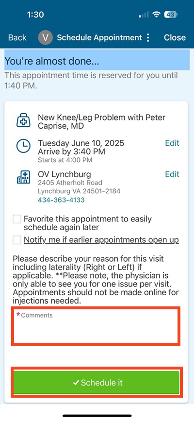 screenshot of step of online scheduling in mobile app giving comments and scheduling it