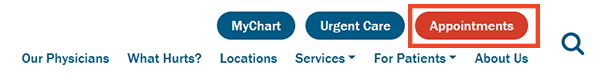 screenshot of website main menu with selection box around appointments button