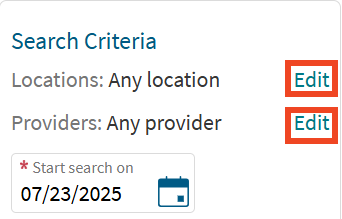 screenshot of online scheduling on website, showing where to select filters