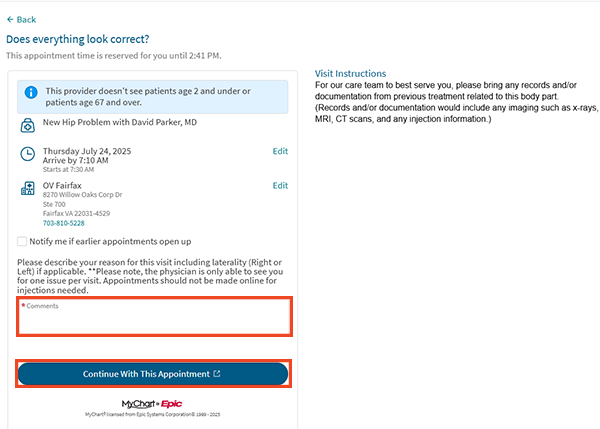 screenshot of online scheduling on the website, showing where to put in a reason for visit