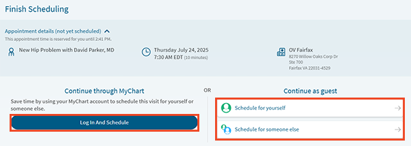 screenshot of step in online scheduling, showing selection boxes to log into MyChart or continue as a guest
