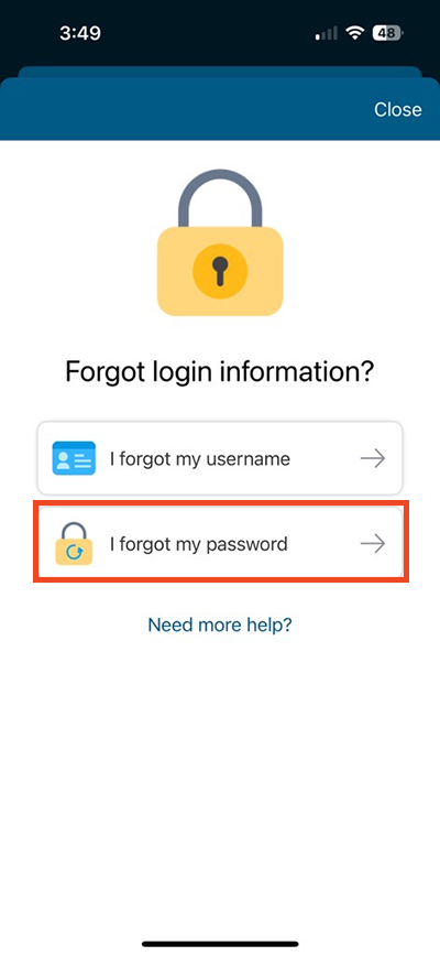 screenshot of MyChart app selecting the password reset option