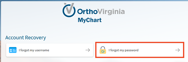 screenshot of MyChart on computer selecting the password reset option