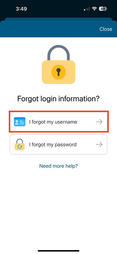 screenshot of MyChart app selecting the username recovery option