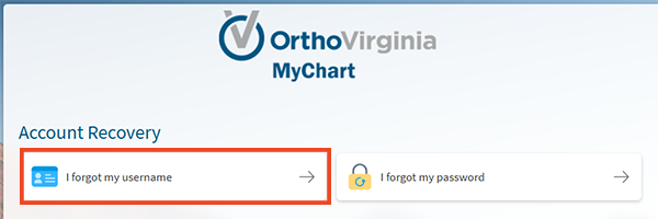 screenshot of MyChart on computer selecting the username recovery option