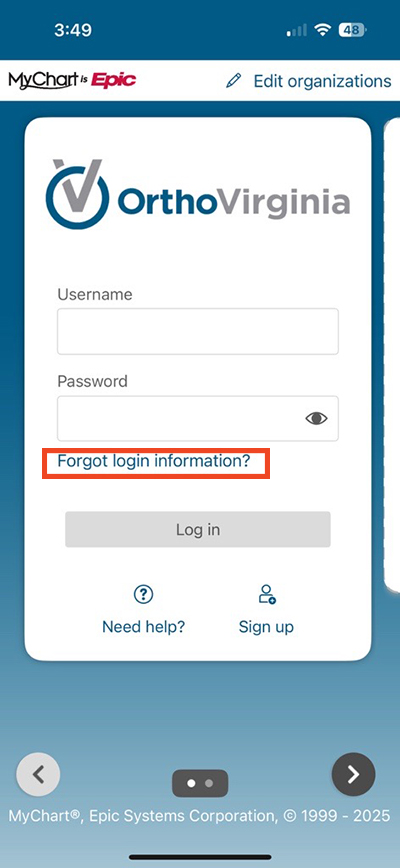 screenshot of MyChart app with a red box around Forgot login information link