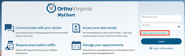 screenshot of MyChart on computer with a red box around Forgot login information link