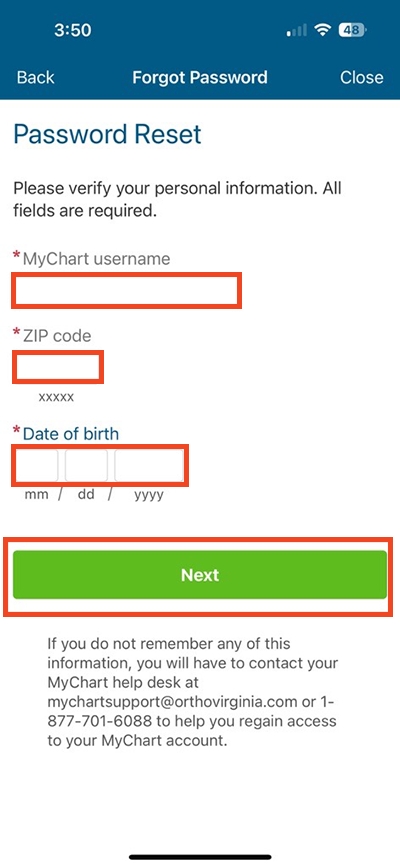 screenshot of MyChart app password reset form, with red outlines around fields to fill out
