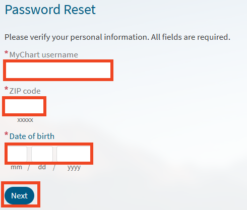 screenshot of MyChart on computer password reset form, with red outlines around fields to fill out
