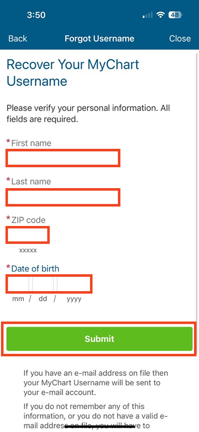 screenshot of MyChart app username recovery form, with red outlines around fields to fill out