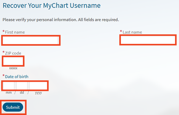 screenshot of MyChart on computer username recovery form, with red outlines around fields to fill out