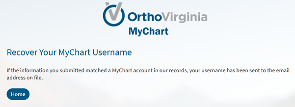 screenshot of MyChart on computer showing a username recovery confirmation message