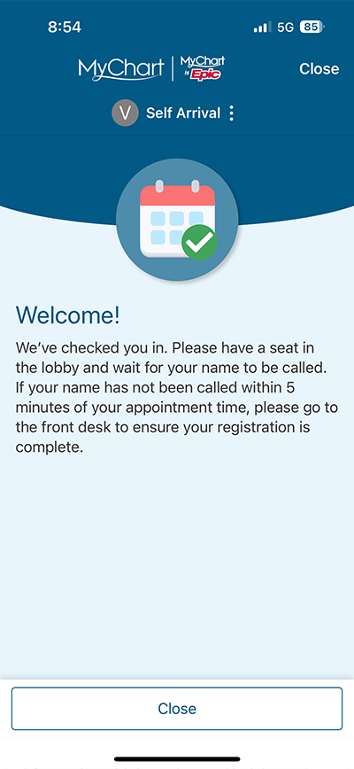 screenshot of MyChart app confirming you're checked in