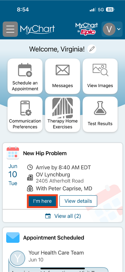 screenshot of MyChart app home screen with red box around I'm here button