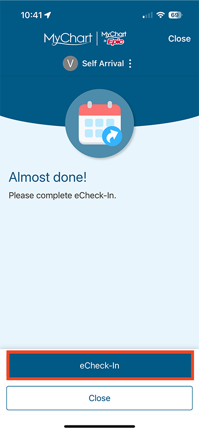 screenshot of MyChart app with red box around eCheck-In button