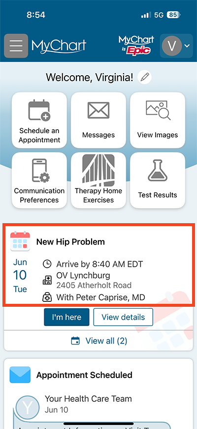screenshot of MyChart app with a red box around an appointment