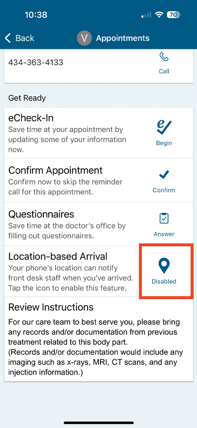 screenshot of MyChart app with a red box around the icon next to location-based arrival; the icon says disabled