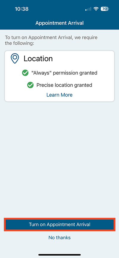 screenshot of MyChart app with a red box around the button Turn on Appointment Arrival