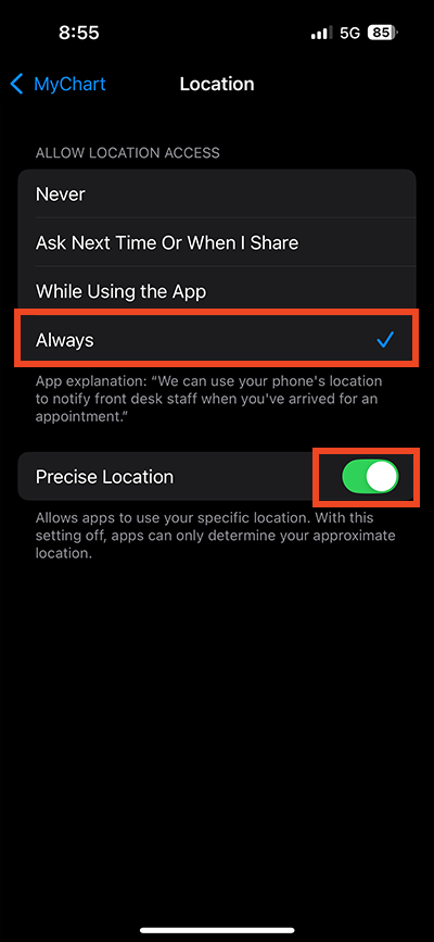 screenshot of iPhone location settings for MyChart app with red boxes around Always option for allow location access and precise location toggle
