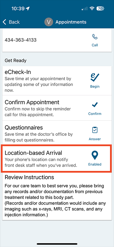 screenshot of MyChart app with a red box around the location-based arrival option; icon says enabled