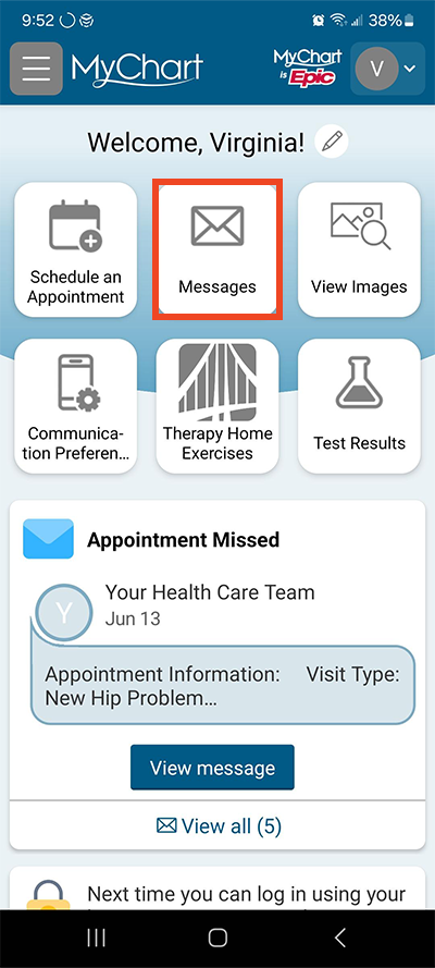 screenshot of MyChart app home screen with red box around messages